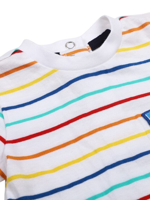 Boys White Striped Short Sleeve Knitted T- Shirt image number 2